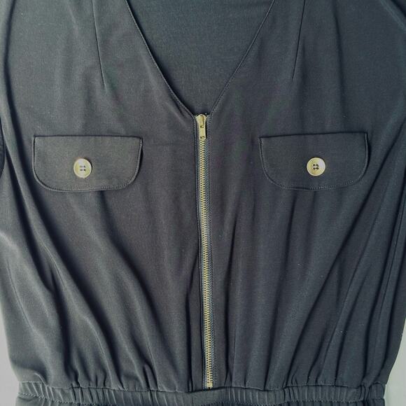 Militaristic Front Zip Sleeveless Elastic Waist Epaulets Jumpsuit Women M Black - Picture 7 of 9